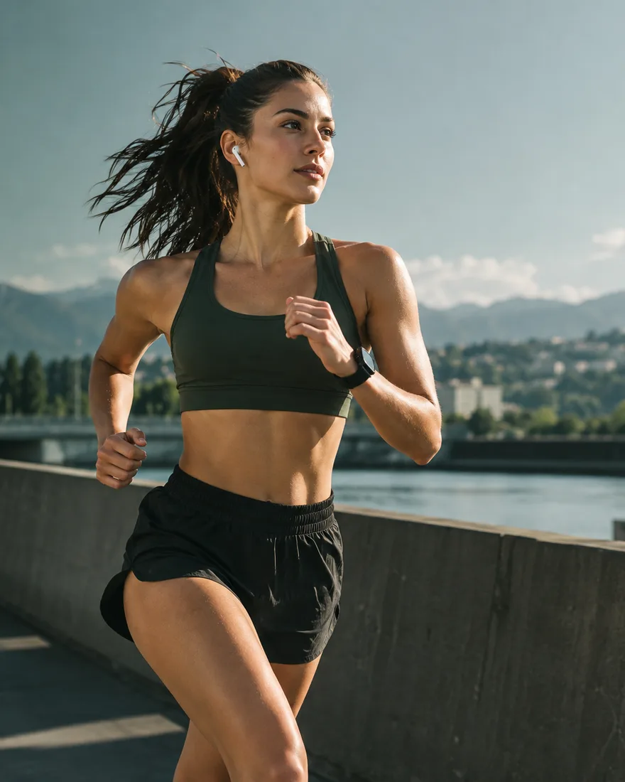 A woman running along a river promenade in morning light